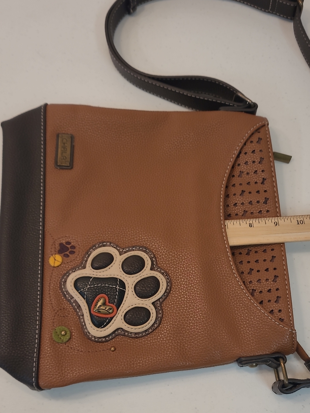Dog Lover's Chala Paw Accent Vegan Brown/Black Crossbody Bag Adjustable Strap - Picture 10 of 16